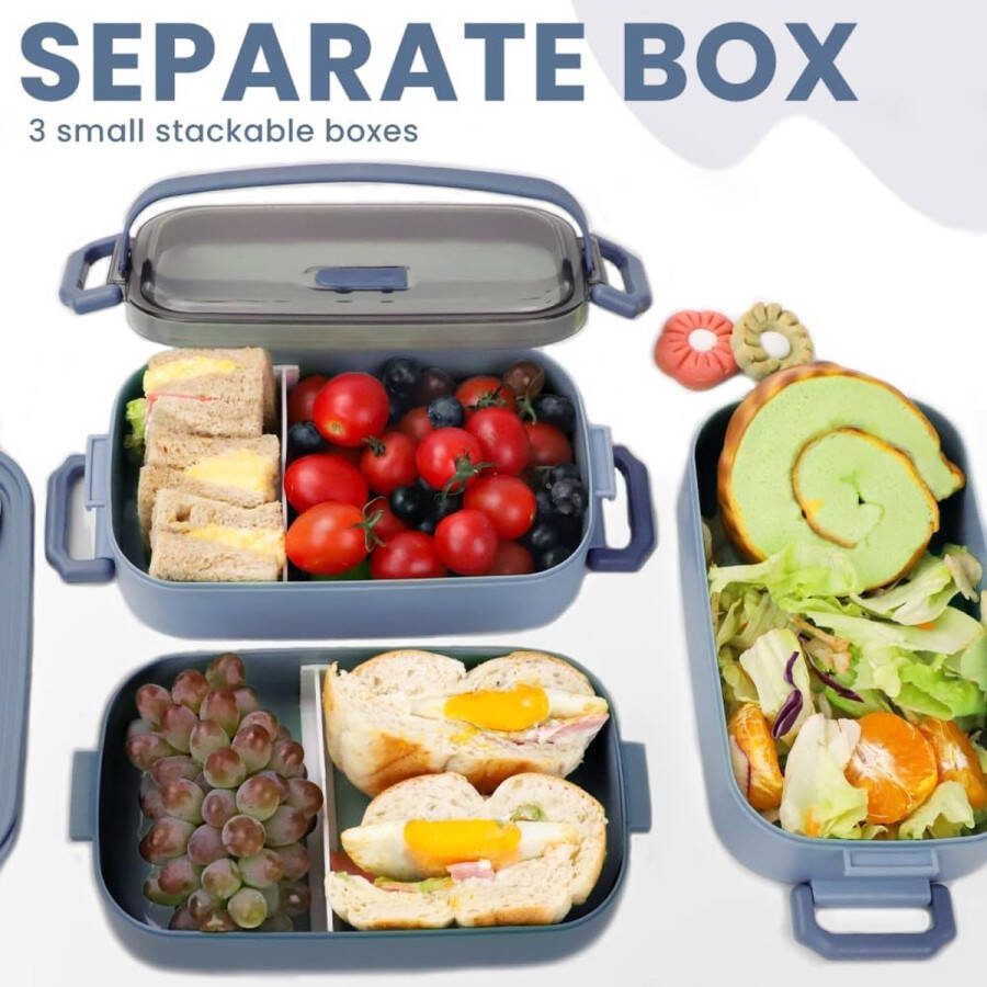 Bento Box Lunchbox 2400 ML 3 in 1 PP Broodtrommel met 3 Vakken Duurzame Snackbox met Lepel Lunchbox voor Volwassenen en Kinderen Broodtrommel voor School Werk Picknick Reizen