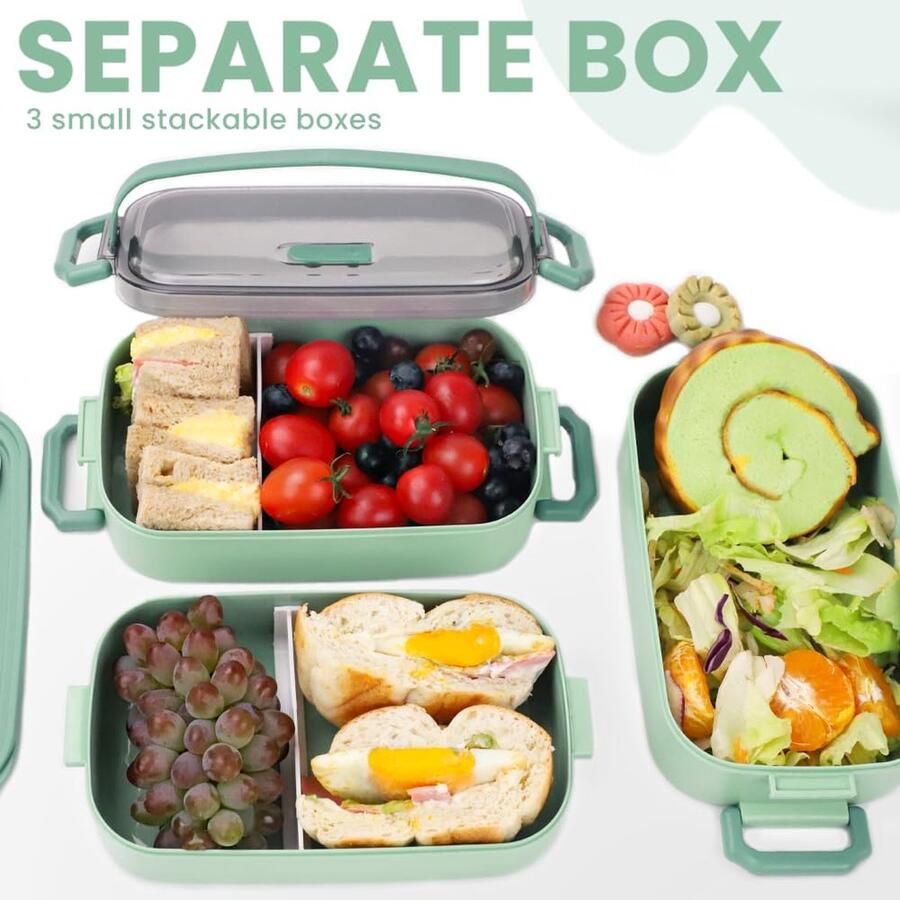 Bento Box Lunchbox 2400 ML 3 in 1 PP Broodtrommel met 3 Vakken Duurzame Snackbox met Lepel Lunchbox voor Volwassenen en Kinderen Broodtrommel voor School Werk Picknick Reizen
