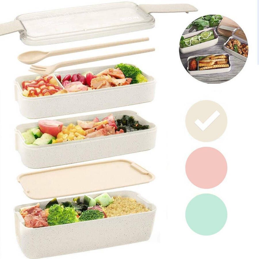 Bento Box Lunchbox Beige met bestek Eco Duurzaam en Milieuvriendelijk Magnetron Vriezer Vaatwasser bestendig Bio 3 lagen mealprep container 900 ml 3 kleuren Beige Groen Roze