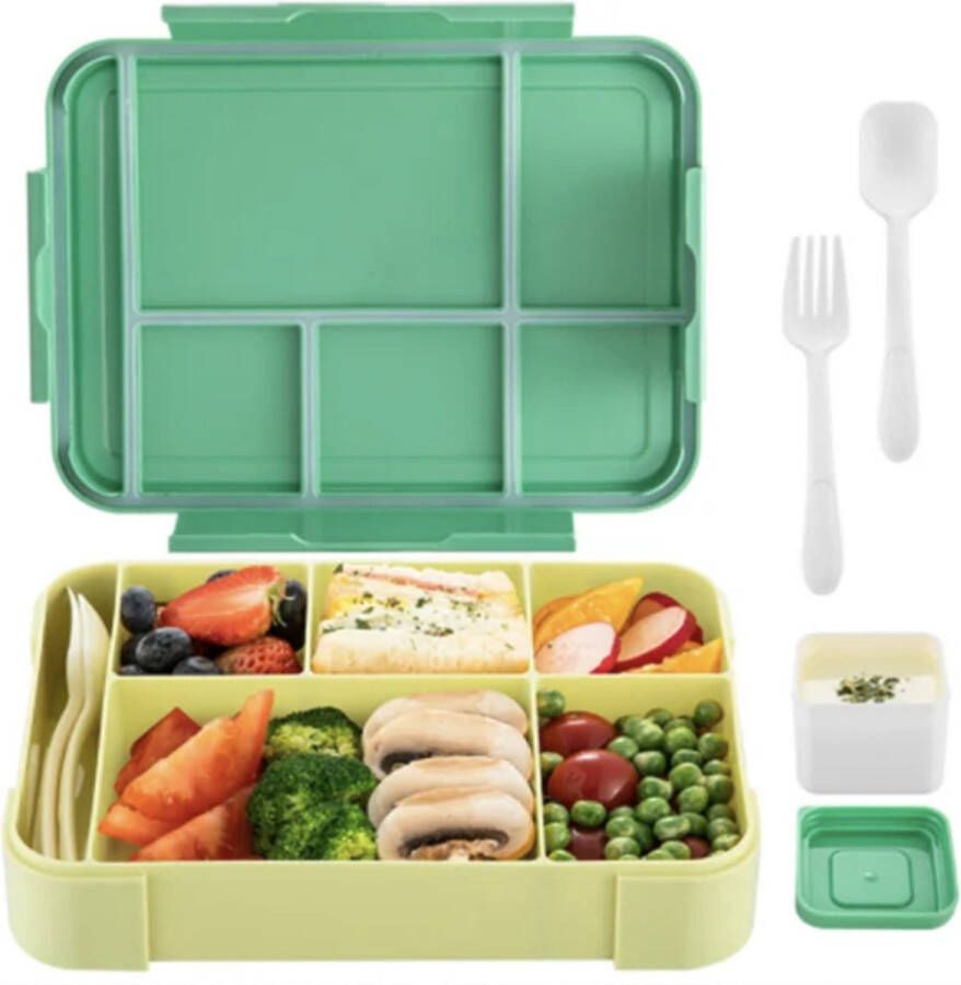 Bento Box Lunchbox Groen Met 6 Compartimenten voor volwassenen en kinderen incl. bestek en saus bakje