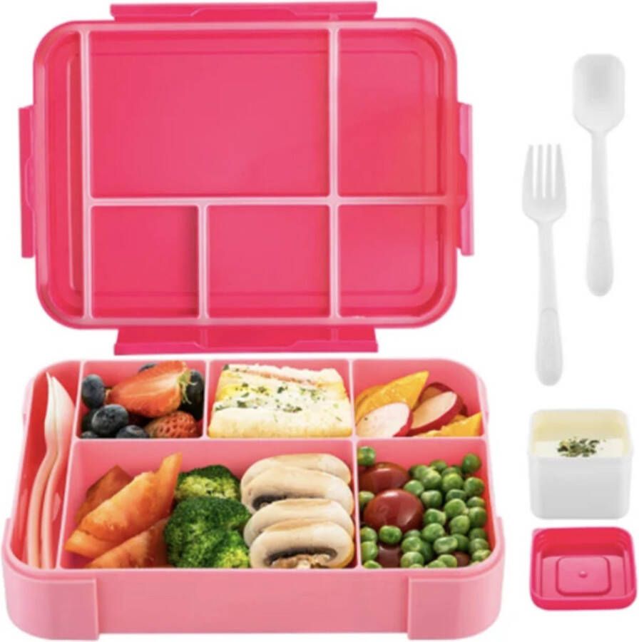 Bento Box Lunchbox Roze Met 6 Compartimenten voor volwassenen en kinderen incl. bestek en saus bakje