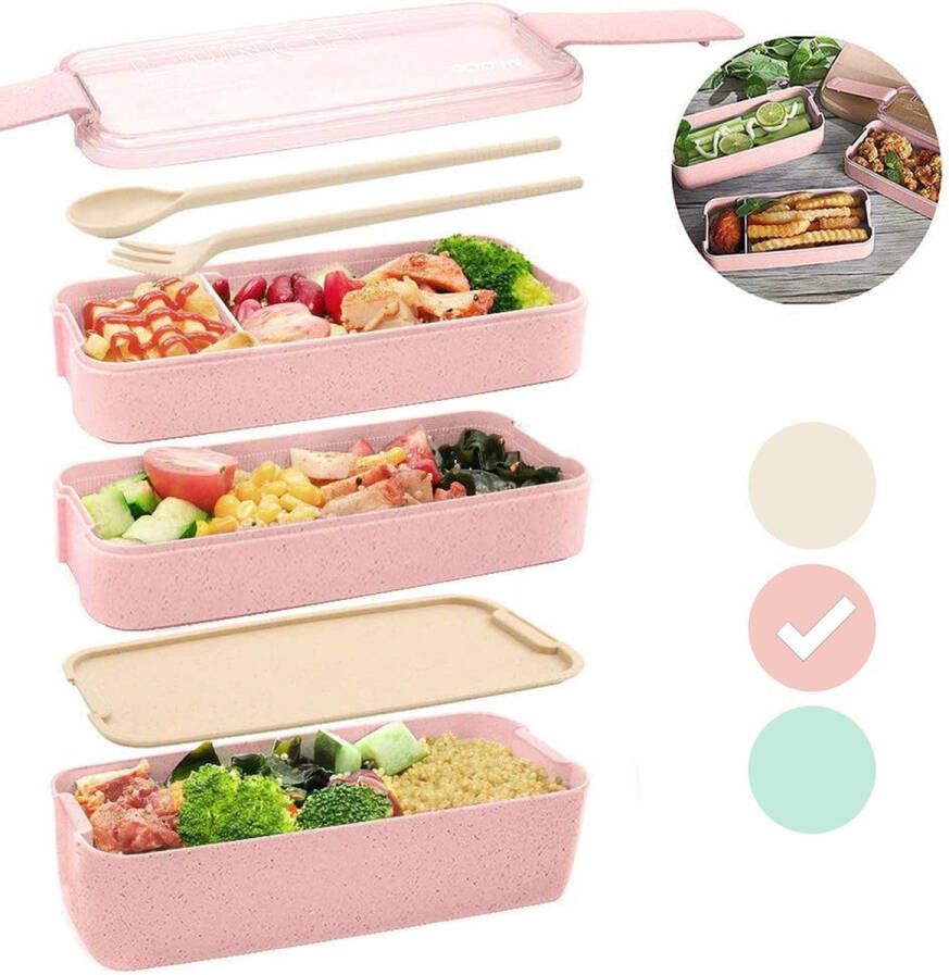 Bento Box Lunchbox Roze met bestek Eco Magnetron Vriezer Vaatwasser bestendig Duurzaam en Milieuvriendelijk Bio 3 lagen mealprep container 900 ml 3 kleuren Beige Groen Roze