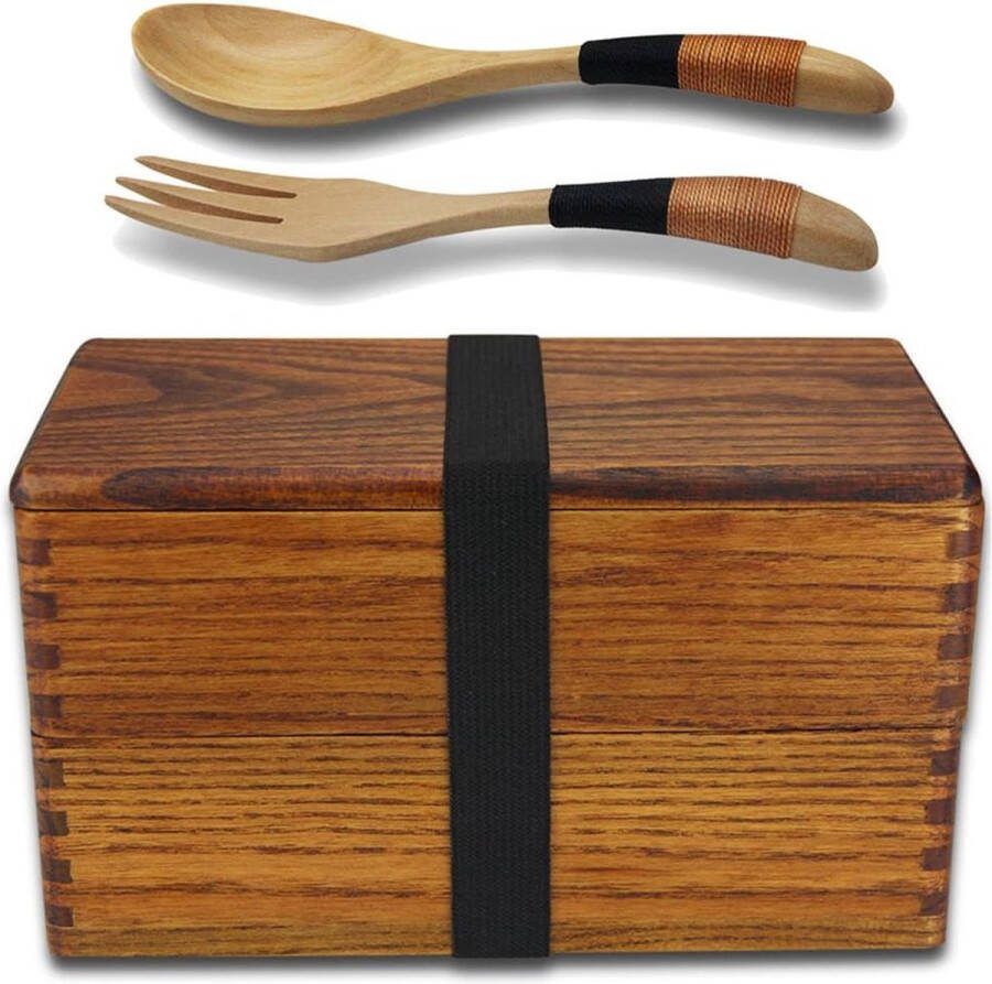 Bento Box Maaltijd Natuurlijk Hout Dubbellaags Japans Voedsel Fruit Kinderen & Volwassenen Sushi Sandwich Container voor Reizen School Kamperen (met Vork Lepel Kit)