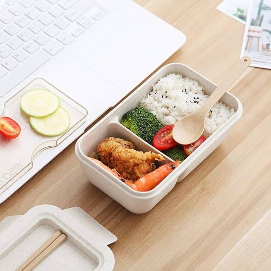 Bento Box Met Bestek Lekvrije Deksel Stijlvolle Lunchtrommel Duurzame Lunchbox Ideaal Voor Maaltijdvoorbereiding Herbruikbare Eetdoos BPA vrij Compact En Lichtgewicht Voedselveilig Handige Voedselcontainer Beige