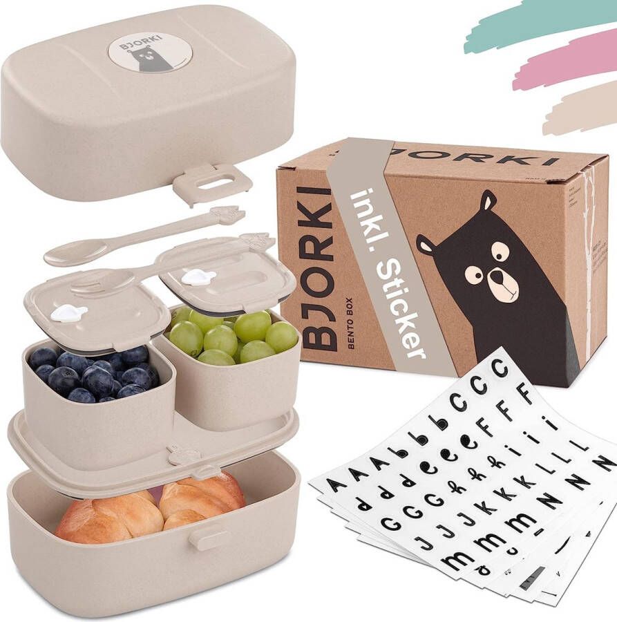 Bento Box voor kinderen inclusief bonus naamstickers lekvrije lunchbox met vakken duurzame broodtrommel voor kinderen voor kleuterschool en school de snackbox voor onderweg (pastelbeige)