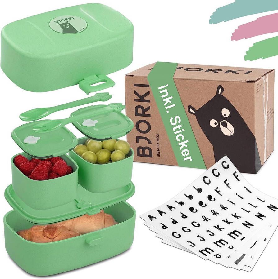 Bento Box voor kinderen inclusief gratis naamstickers lekvrije lunchbox met vakken duurzame broodtrommel voor kinderen voor kleuterschool en school de snackbox voor onderweg pastelgroen