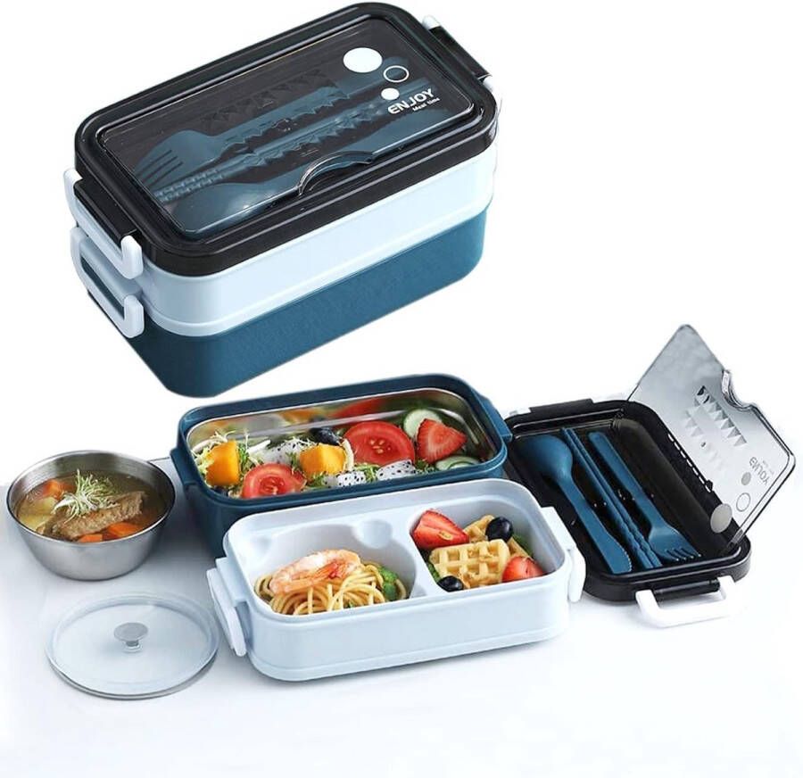 Bento Lunch Box 1400 ml 304 roestvrij staal lunchbox voor volwassenen met bestek lunchbox met soepkom voor werk en school (blauw)