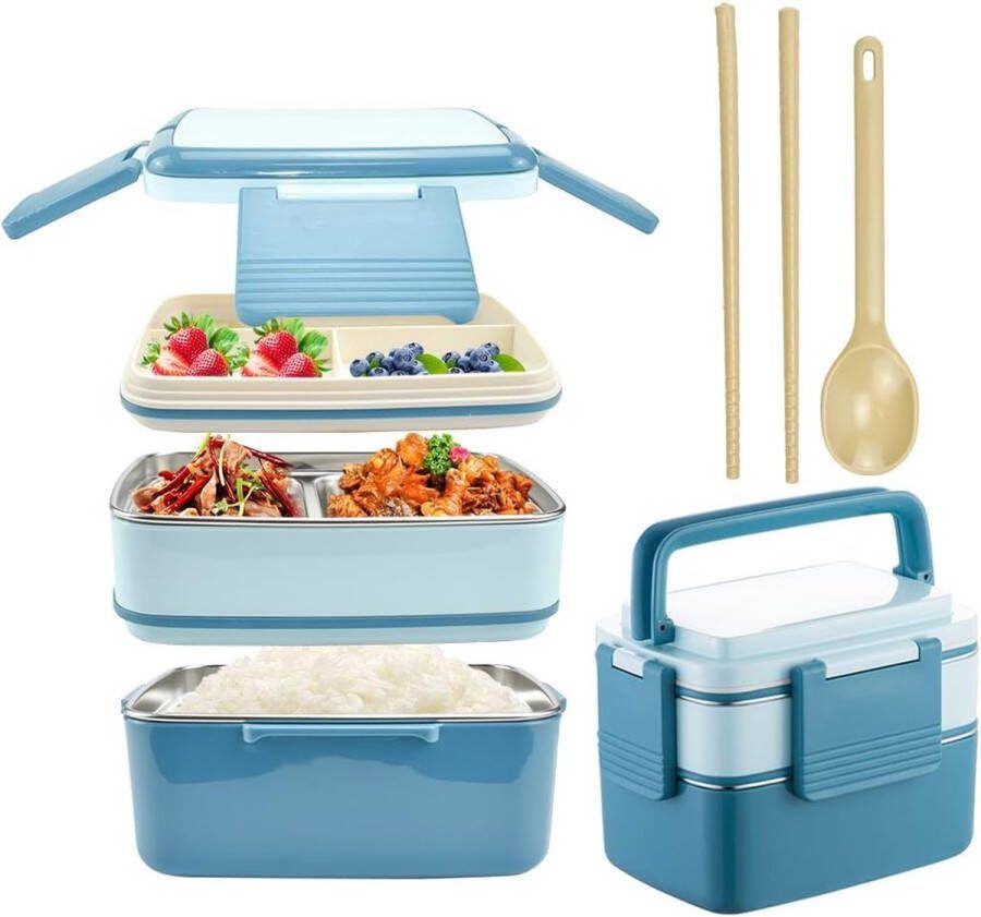 Bento Lunchbox 1 9 L Lunchbox 2 niveaus Lekvrije Voedselbox met Compartimenten 304 RVS PP Lunchboxen Draagbare Lunchbox met Bestek Blauwe Lunchbox voor Volwassenen School