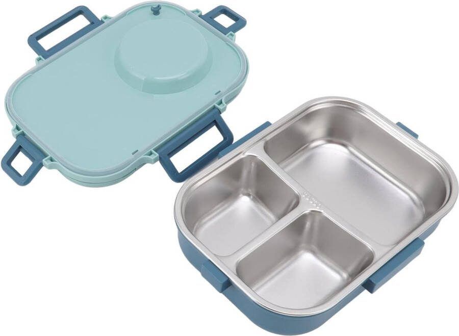 Bento lunchbox 1100 ml dubbellaags 3 rasterontwerp thermische lunchbox van 304 roestvrij staal met stokjes lepel soepkom voedselcontainer voor kinderen studenten volwassenen (blauw)
