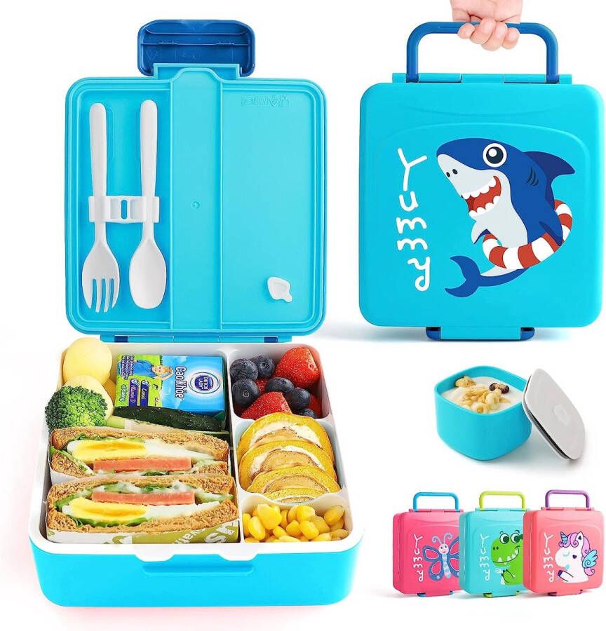 Bento Lunchbox Kids met 4 vakken 2 bestek draagbare lunchbox Bento Box voor jongens magnetronbestendig met sausglas lepel en vork (haai