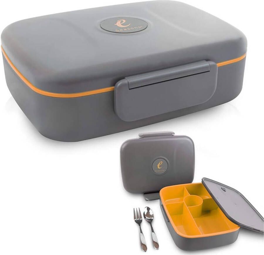 Bento Lunchbox lekvrije 5-vakken donkergrijs-oranje roestvrij stalen bestek BPA-vrij