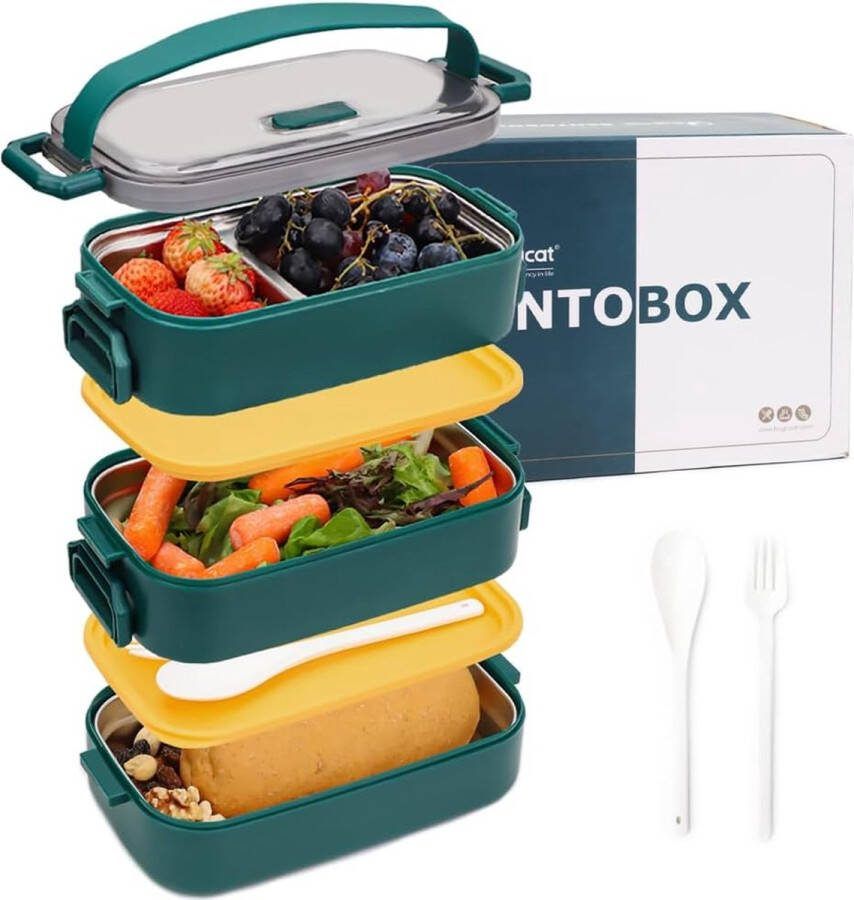 Bento lunchbox roestvrij staal 1700 ml lekvrij luchtdichte lunchbox met vakken en bestekset ontbijtbox lunchbox voor op reis lunchbox voor volwassenen groen