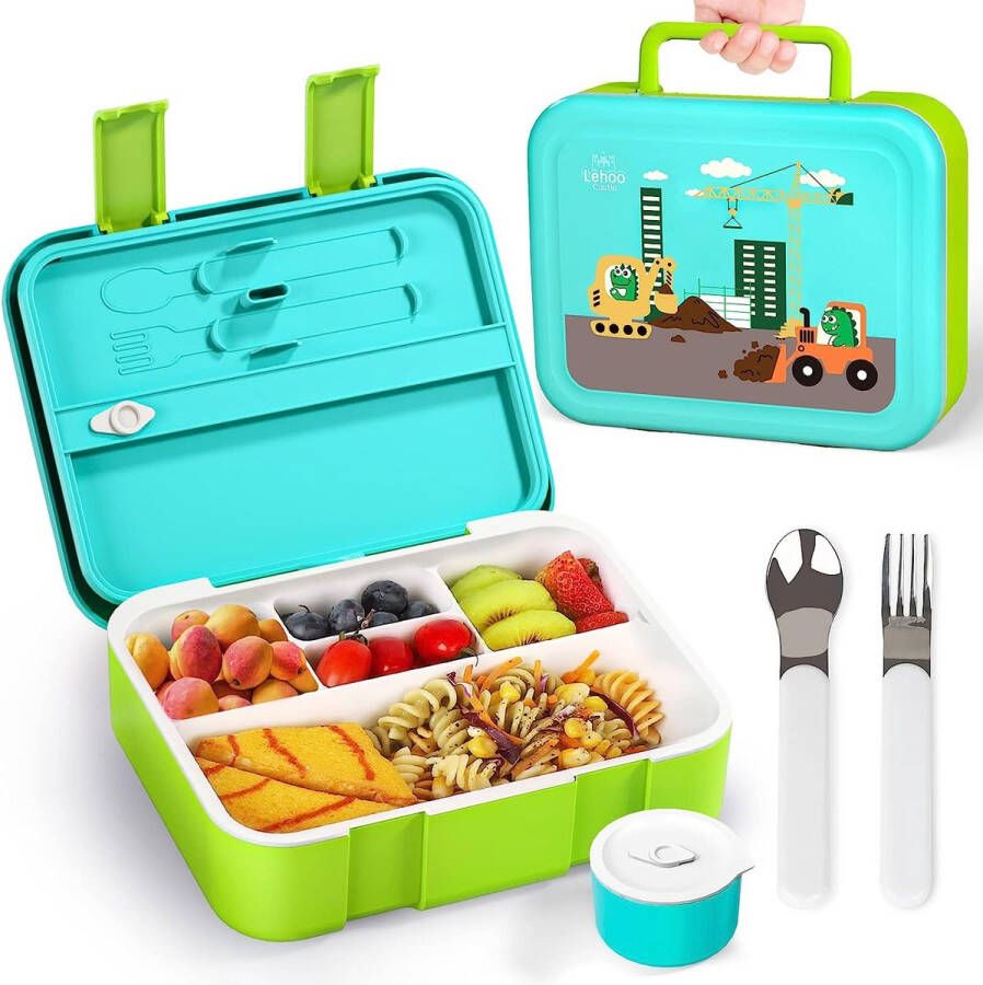 Bento Lunchbox voor kinderen 1 25 l bentobox lunchcontainers met 5 vakken lunchbox voor peuters met sauspot lepel en vork (Blauw)