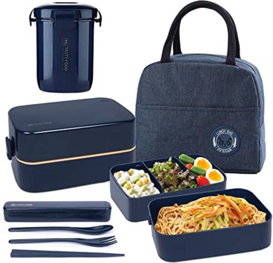 Bentobox lunchdoos met 2 lagen en lunchtas Bento lunchboxen met verstelbare compartimenten voor volwassenen en kinderen draagbare lekvrije voedselcontainer lunchdoos voor werk en school
