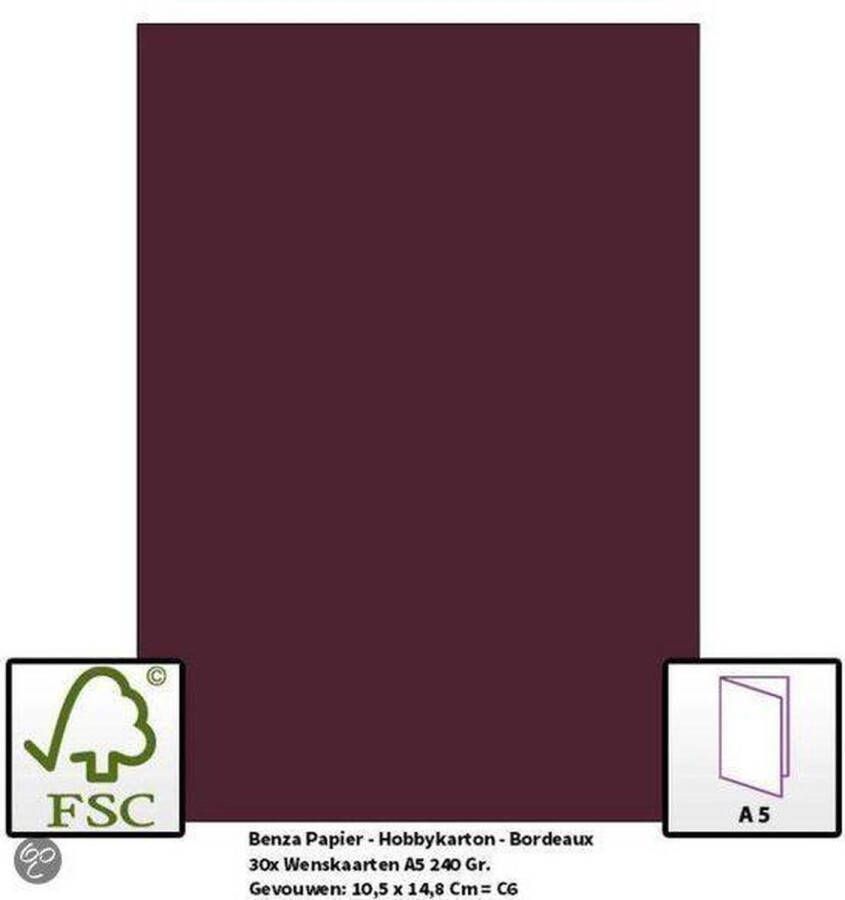 Benza Papier Gekleurd Printpapier Hobbykarton 240 Gr. (Gram) A5 Bordeaux 30 Stuks (Wenskaarten)