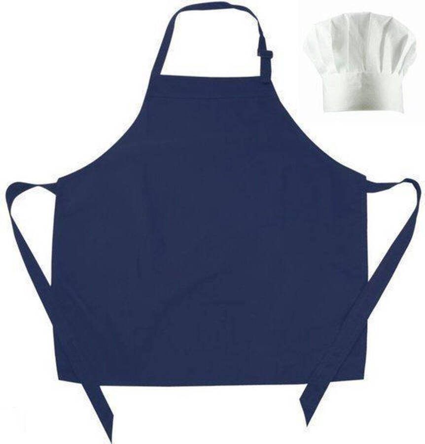 Benza Schort Keukenschort voor Kinderen Neutraal Blanco Donkerblauw (50 x 60 cm) incl. Koksmuts