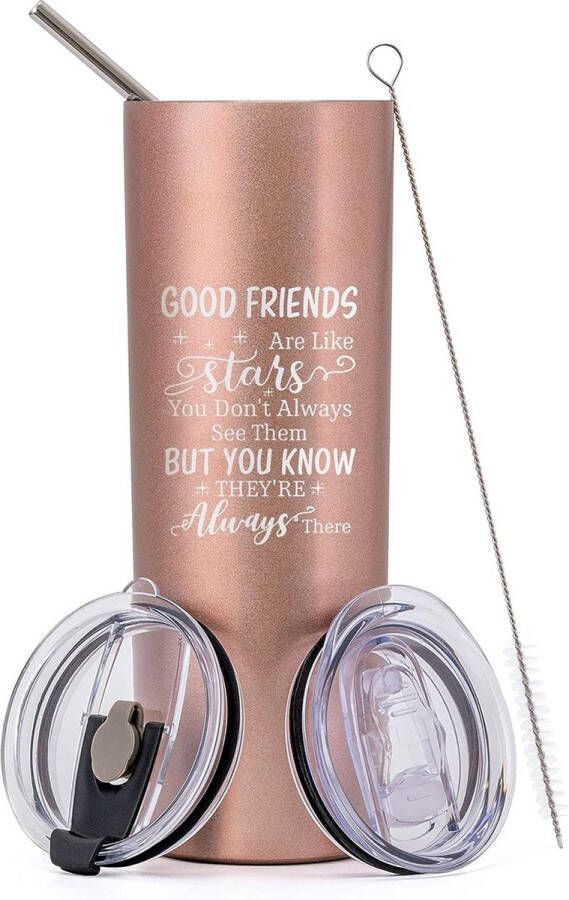 Beste vriendin cadeaus verjaardagscadeau voor vrouwen vriendin collega's mok met spreuk Good Friends Are Like Stars-20 oz dubbelwandig tumbler drinkbeker campingbeker met rietje en deksel