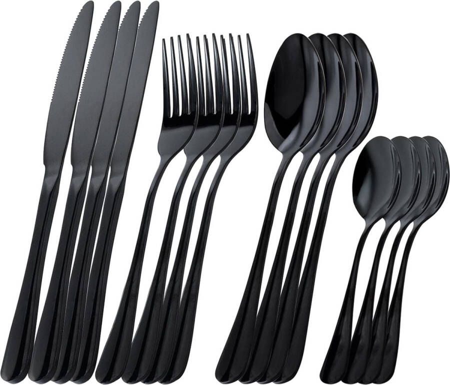 Bestek Zwart 16-delige bestekset gemaakt van 18 0 roestvrij staal besteksets inclusief mes vork lepel en koffielepel zeer gepolijste bestekset voor 4 personen vaatwasmachinebestendig