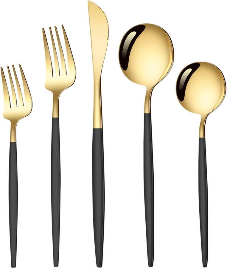 Bestek zwart en goud 30-delig roestvrij staal bestekset voor 6 personen stalen roestvrijstalen messen en vorken set met lepel mes vork gepolijst reis-bestek (zwart en goud)