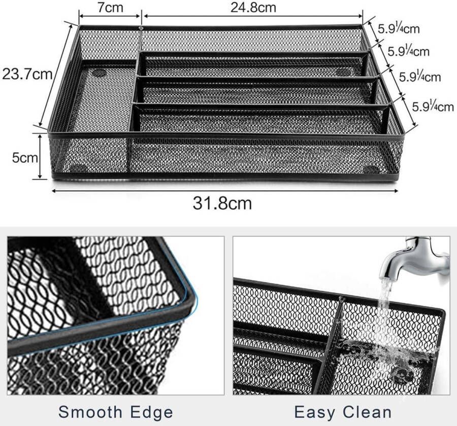 Bestekbak Bestek Organizer Non-Slip 5 Compartimenten Gebruiksvoorwerp Lade Opslag Keuken-Kantoor Staal Mesh Zilverwerk Lade-Houder-Verdeler 31x23cm Roestvrij Zwart