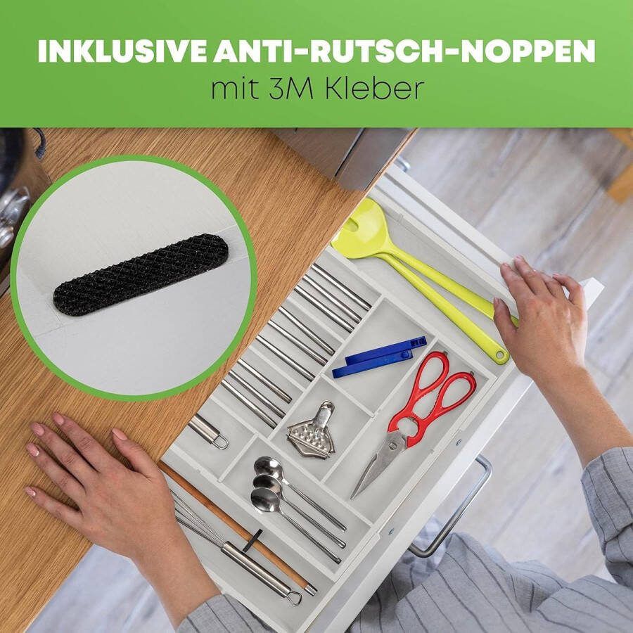 Bestekbak hoogwaardig bamboe bestekbak 5 uitneembare verdelers ladeinzet anti-slip noppen lengte 34-50 cm wit Cutlery Organizer