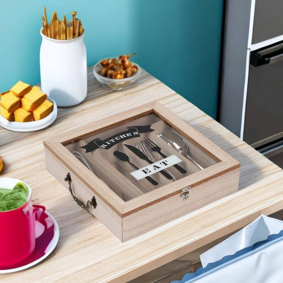 Bestekbak houten bestekdoos 5 vakken met deksel opbergdoos voor bestek rustieke doos voor lepel vork en mes Cutlery Organizer