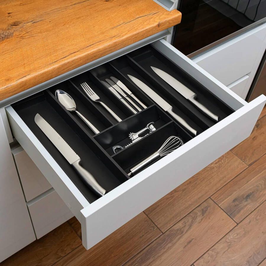 Bestekbak uitschuifbaar bamboe HBD 6 5 x 35-58 x 43 5 cm 6-8 vakken bestek organizer keukenlade zwart