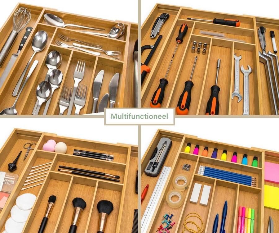 Bestekbak van bamboe 47 cm diep bamboe lade-opbergsysteem keuken uittrekbaar keukenorganizer