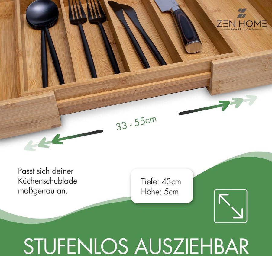 Bestekbak van bamboe voor laden uittrekbaar messenblok 33-55 x 43 x 5 cm anti-slip bestek-organizer lade-inzet met 5-7 vakken