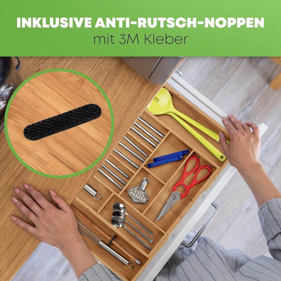 Bestekbak van hoogwaardig bamboe met 5 uitneembare verdelers anti-slip lade-inzet voor laden van 34-50 cm lengte natuur extra vakverdeling