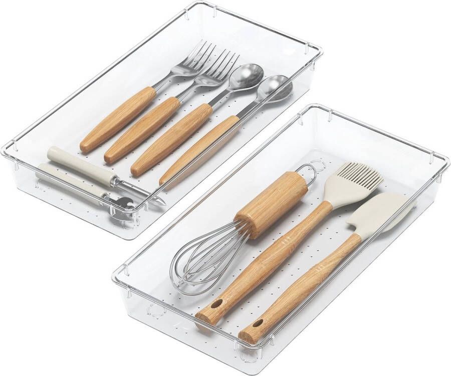 Bestekbak voor laden set van 2 transparante bestekbakken voor keukenladen stapelbaar bestek zilverwaren bestekbak voor lepels vorken messen accessoires 14 6 x 29 6 cm