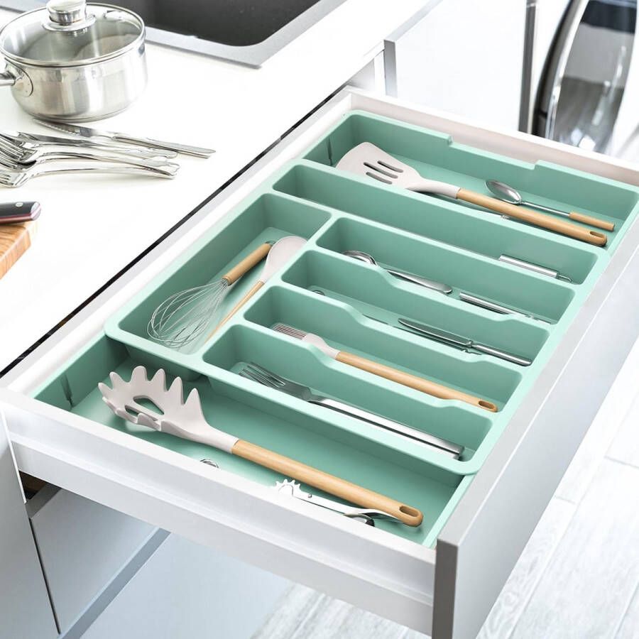 Bestekbak voor laden uitbreidbaar bestekbak voor laden keukenorganizer keuken verstelbare bestekhouder bestek lepel vorken kunststof messen blauw