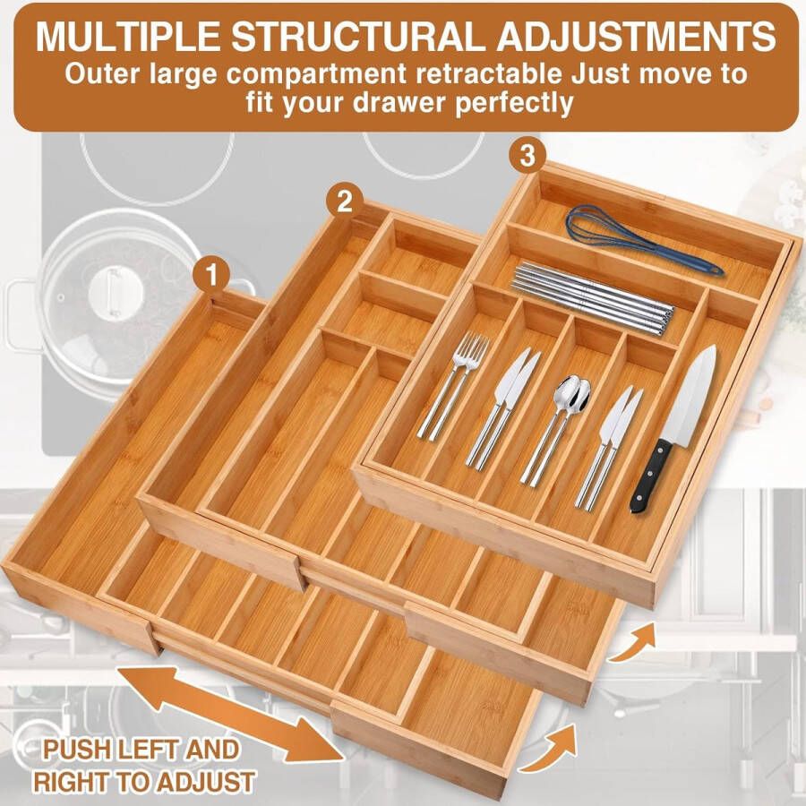 Bestekbak voor schuifladen van bamboe in grootte verstelbare lade uittrekbaar 7-9 vakken bestekbak voor keukens en campers bestekbak voor bamboe laden