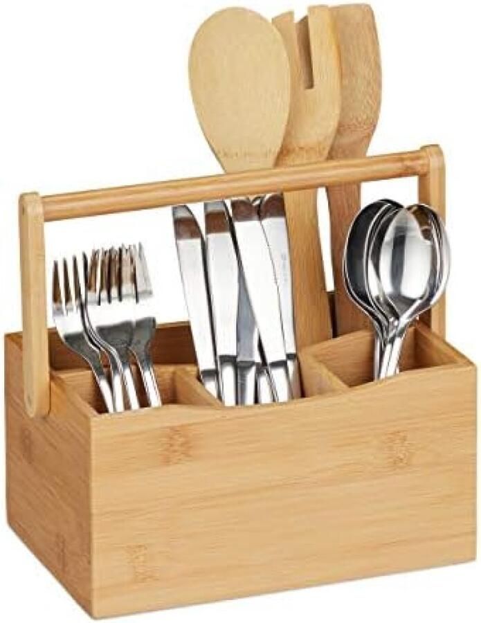 Bestekhouder bamboe 4 vakken met handvat keuken organizer voor bestek & servetten natuur