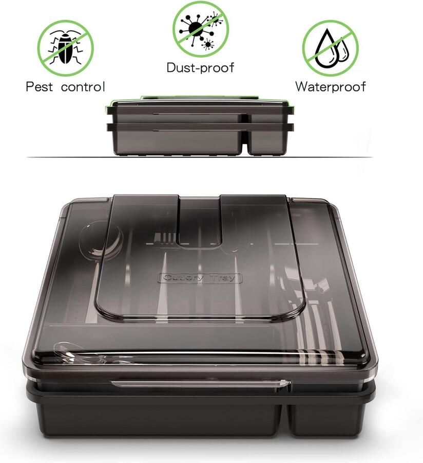 Bestekhouder met deksel dubbellaagse bestekbak met deksel grote bestekorganizer plastic bestekcontainer voor keuken laden aanrecht 10 vakken zwart