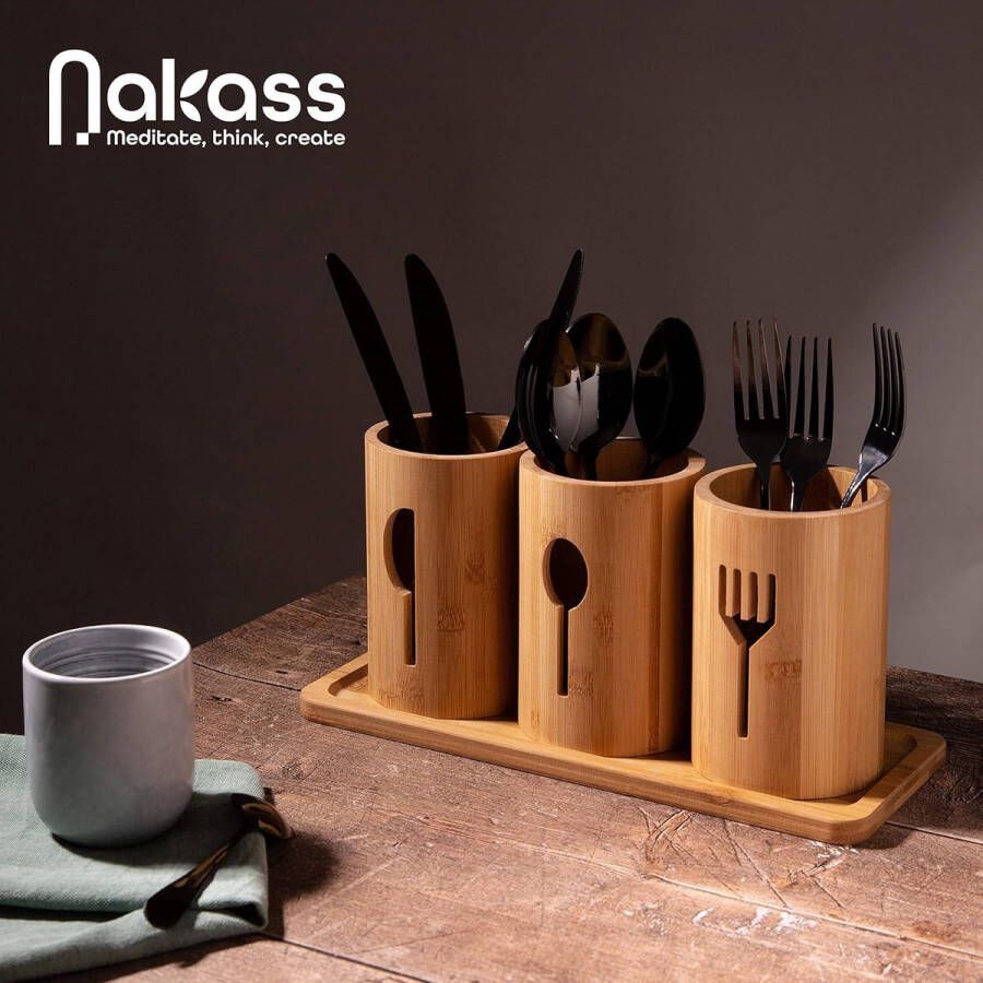 Bestekhouder van bamboe en hout 4-delig bestekorganizer keuken bestekstandaard voor eettafeldecoratie bestekbak met houten sokkel keukenorganizer keukenhulp