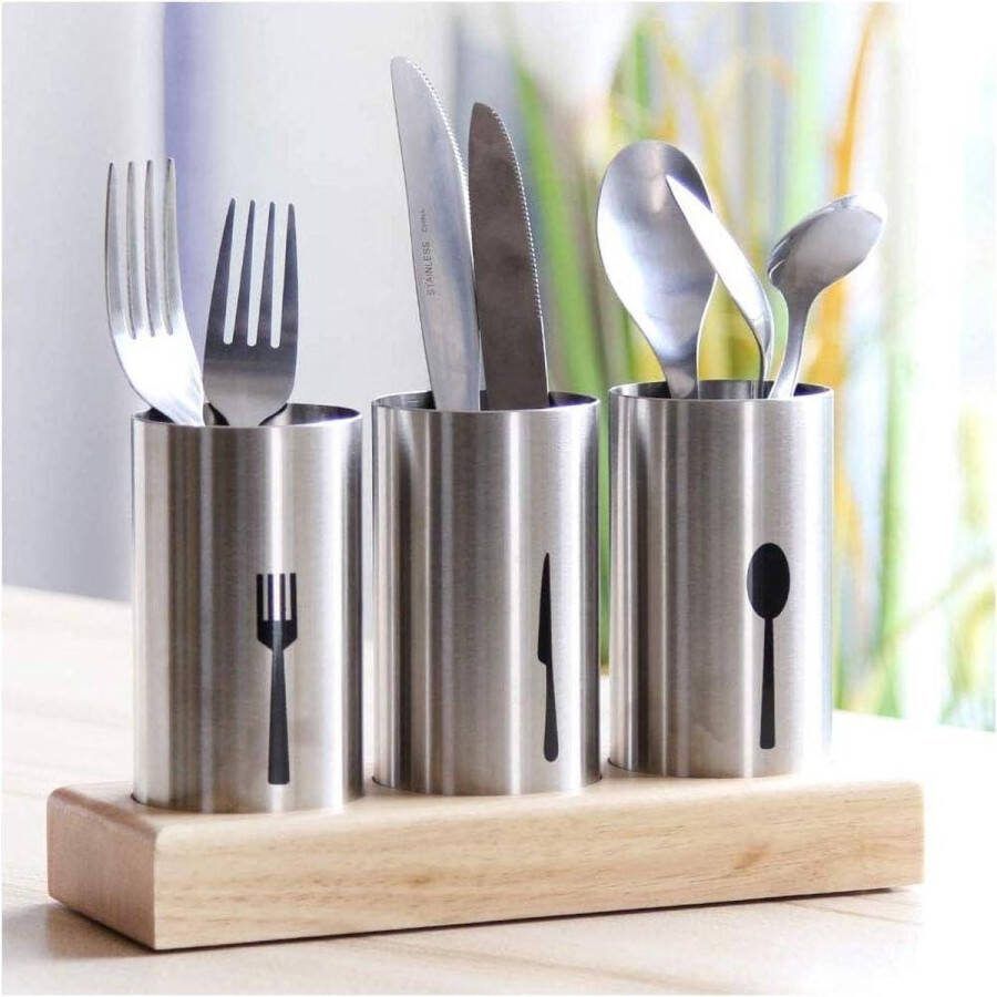 Bestekhouder van roestvrij staal houten sokkel bestekstandaard voor vorken messen lepels grills thuis of restaurants 3 houderbekers Cutlery Organizer