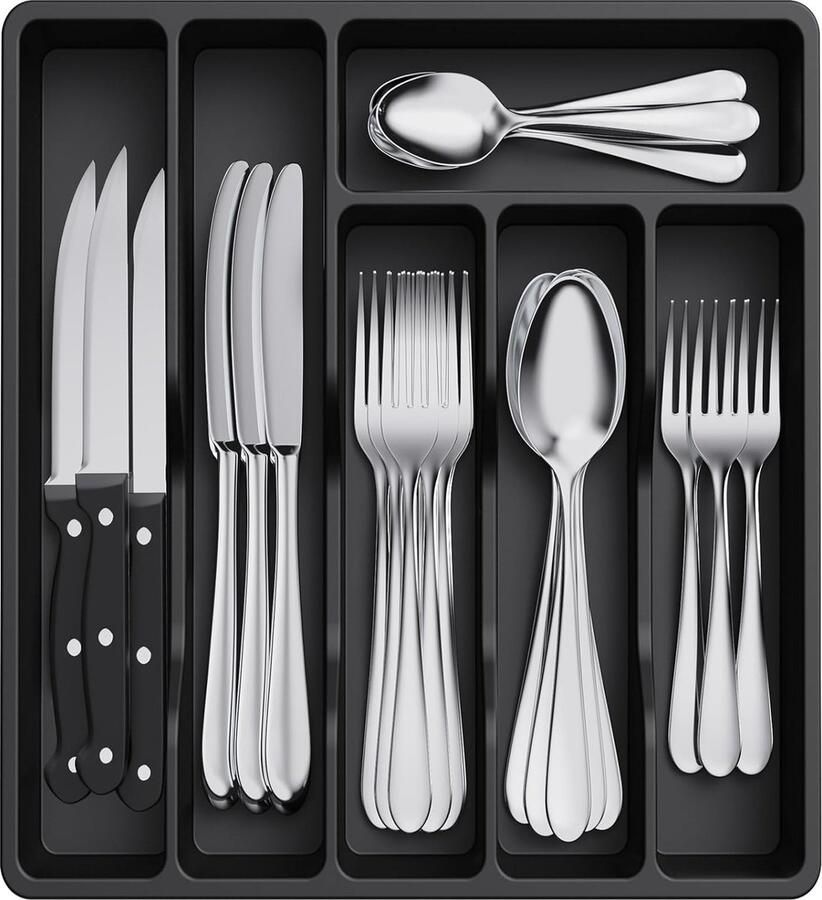 Besteklade voor laden bestekorganizer lade-organizer keuken compacte bestekinzet gebruiksvoorwerphouder voor lade van kunststof voor lepels vorken 6 vakken zwart