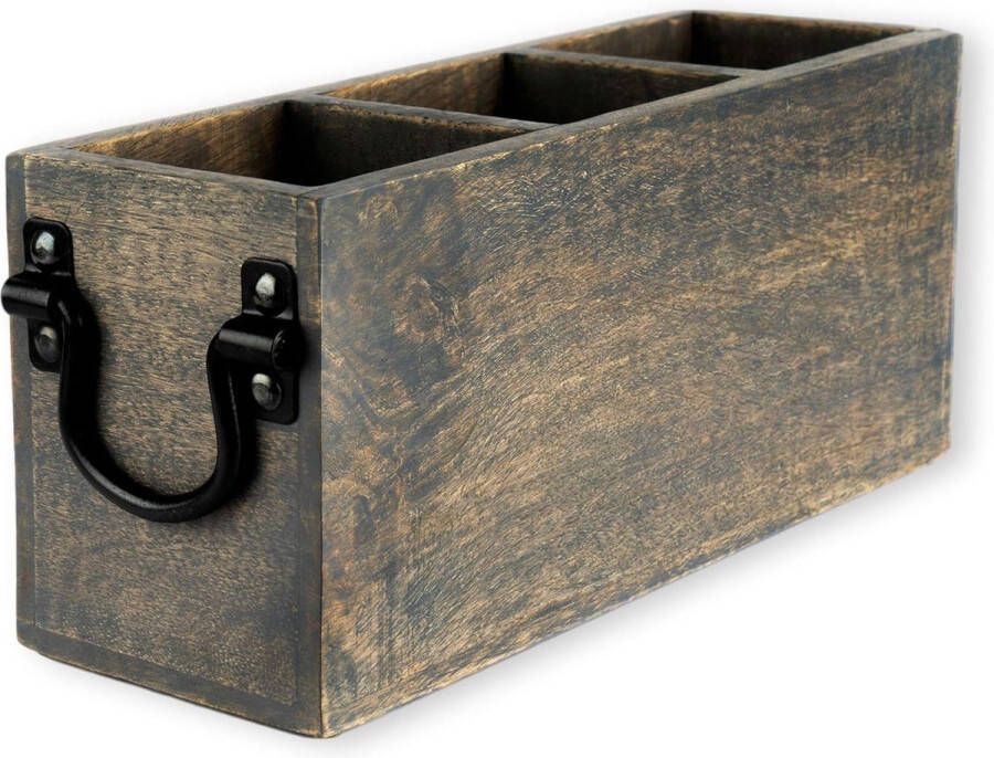 Bestekmand met 3 vakken bestekhouder organizer voor koken bestek sauslepel tang en meer grijs gewassen mangohouten caddy met metalen handgrepen