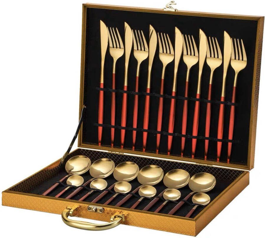 Bestekset 24 delig bestekset 6 personen Rood Goud Tafellepels Tafelmessen Tafelvorken Koffielepels Roestvrij staal