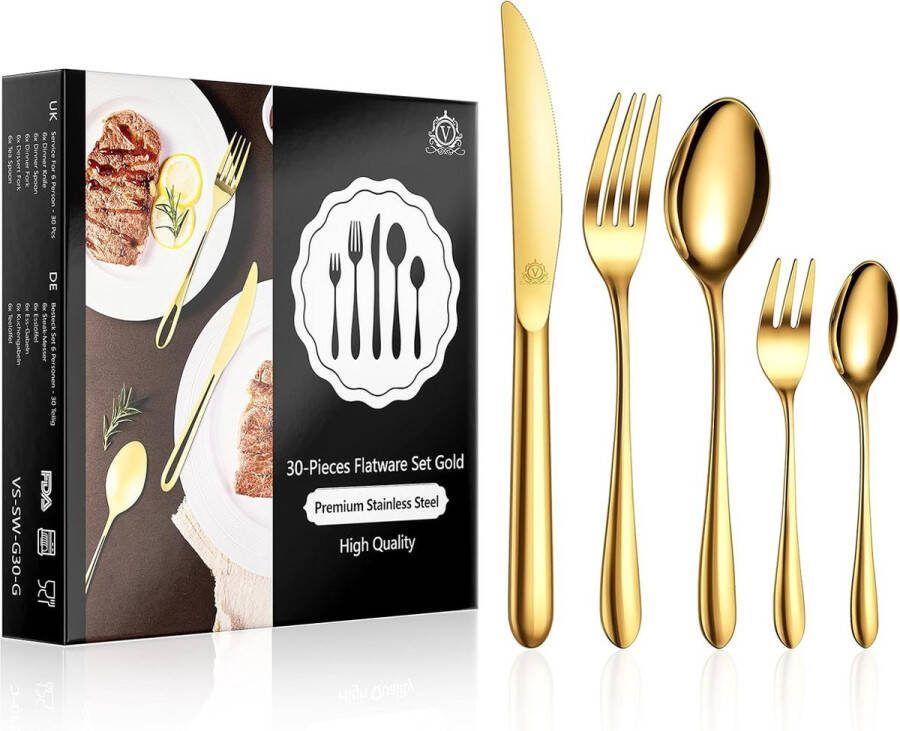 Bestekset goud voor 6 personen 30-delig roestvrij staal met mes vork lepel dessertlepel 18 10 roestvrij staal gepolijst met geschenkdoos vaatwasmachinebestendig