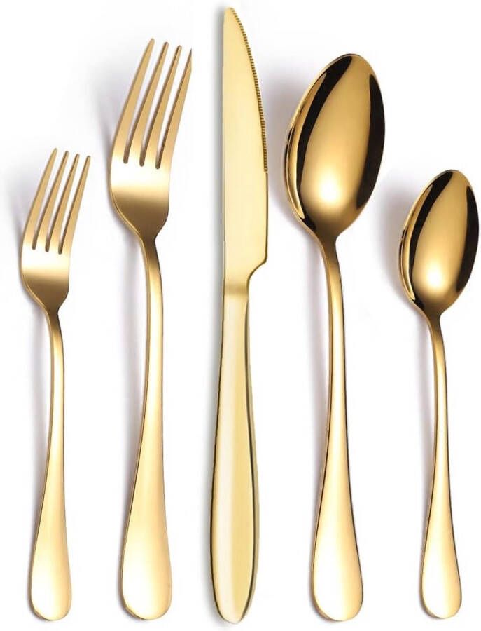 Bestekset voor 6 personen 30-delige roestvrijstalen bestekset bestek inclusief mes vork lepel spiegel gepolijst vaatwasmachinebestendig (goud)