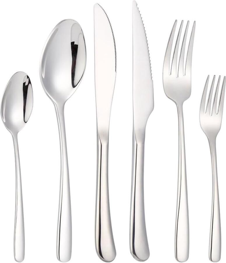 Bestekset voor 6 personen 36-delige zwarte roestvrijstalen bestekset bestek inclusief mes vork lepel steakmessen spiegelgepolijst vaatwasmachinebestendig (zilver)