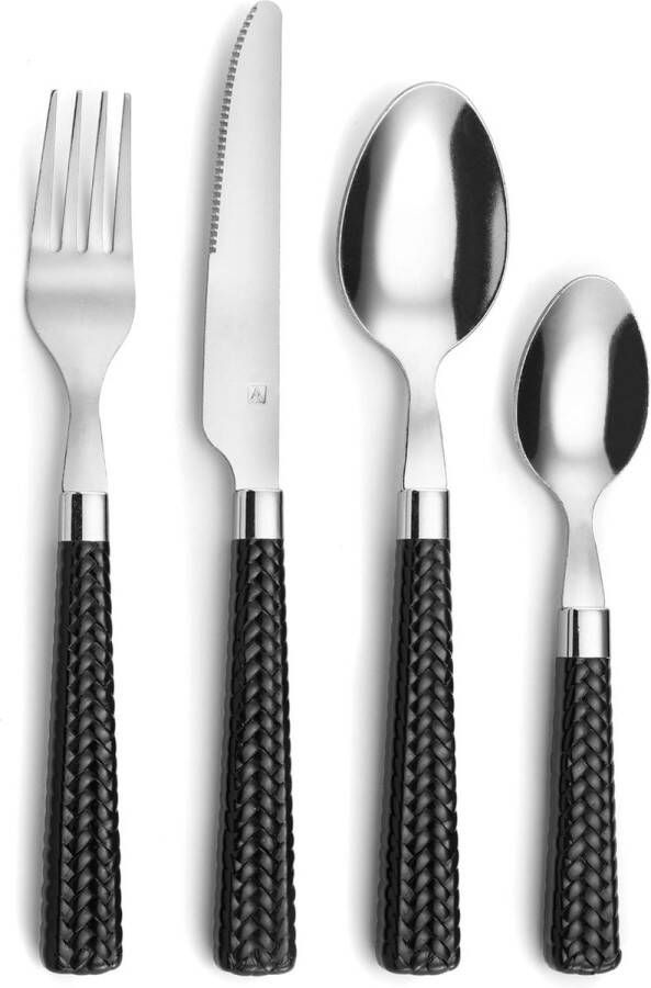 Bestekset voor 6 personen bestekset 24-delig zwarte handgrepen in gevlochten design bestekset 18 0 roestvrij staal bestekset vaatwasmachinebestendig 6 x vork mes lepel en koffielepel