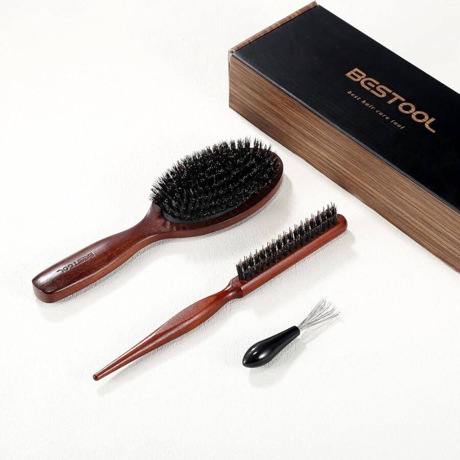 BESTOOL Haarborstel borstel van 100% varkenshaar voor dames heren kinderen zachte natuurlijke haren voor dun en fijn haar verbetert de haartextuur