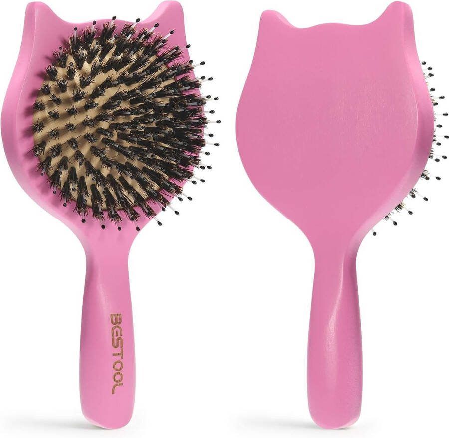 BESTOOL Haarborstel kleine reishaarborstel voor dames heren of kinderen houten peuter wildzwijnharen borstel met nylon stiften om te ontwarren olie verdelen (roze)