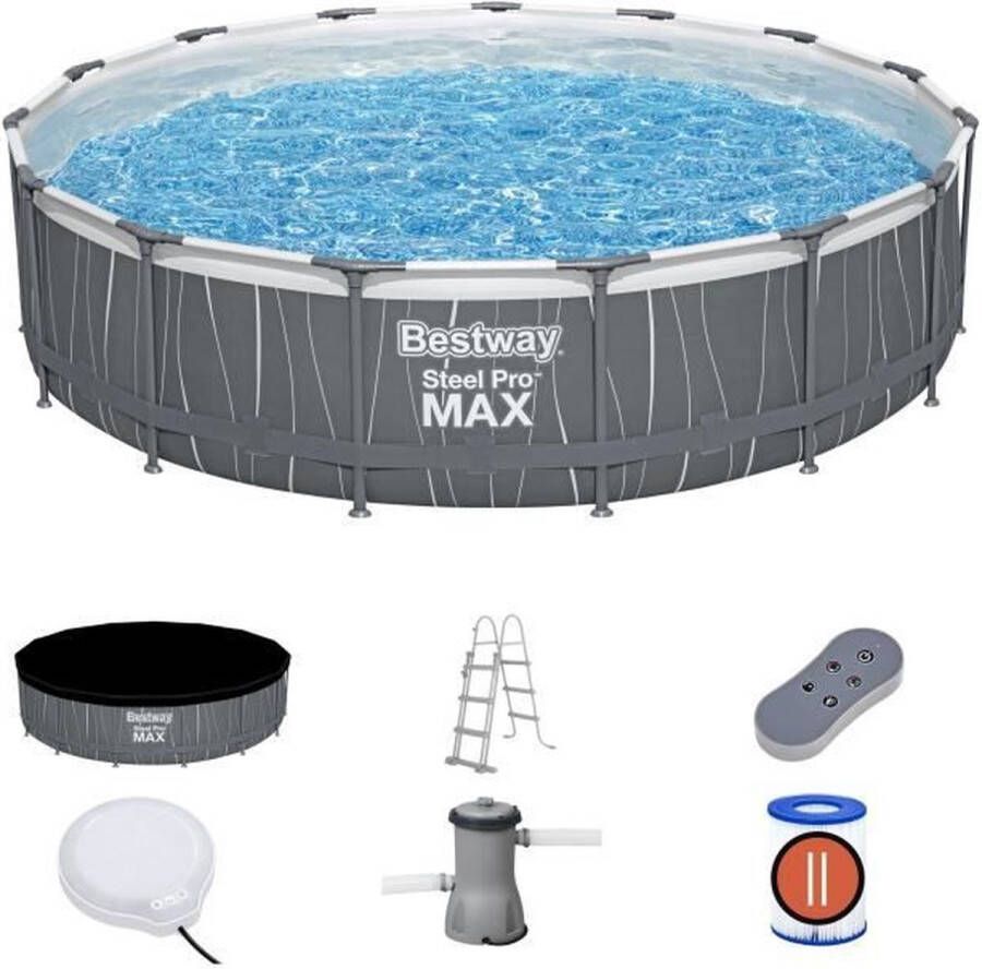 BESTWAY Steel Pro Max™ buisvormige bovengrondse zwembadset 457 x 107 cm rond (met patroonfilter ladder effectieve LED-light)