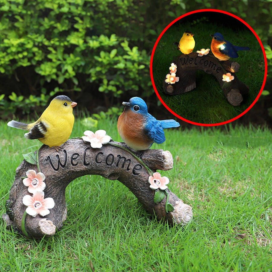 Betoverende Vogels op Zonne-energie- Tuinbeeld met 4 LED-lichtjes Een Symbool van Liefde en Licht voor Je Tuin 25 5*13*17CM