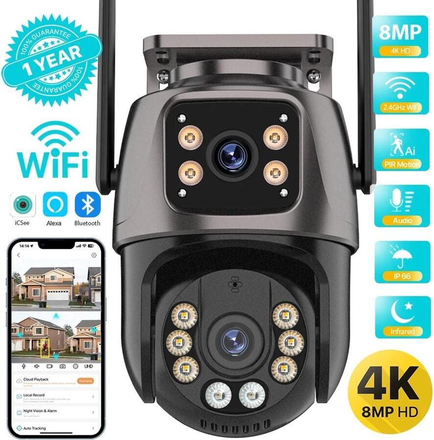 Beveiligingscamera Draadloos Buiten 4K 8mp met 64 GB Geheugenkaart Met Nachtzicht Dubbele Lens Met Audio Zwart