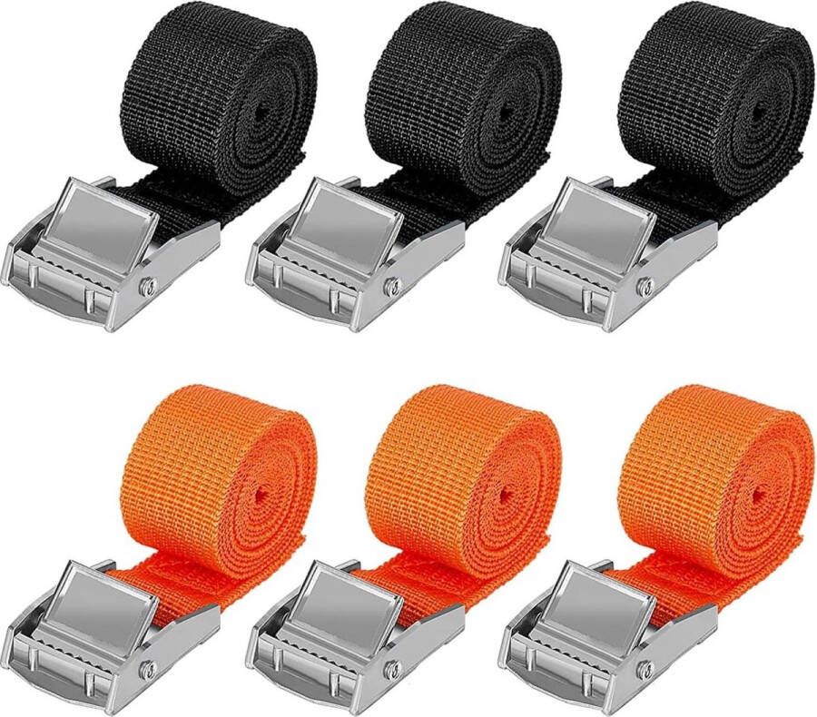 Bevestigingsriem 1 m x 25 cm Spanbanden 6 Stuks Kklemsluiting Zwart-Oranje Voor Motorfiets Fietsendrager Koffer Bagagepakket Camping Tot 250 kg Spanbanden met ratel